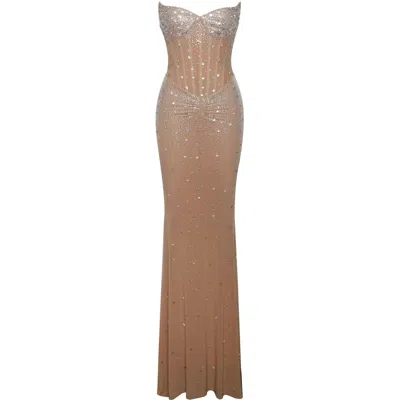 Miss Circle New York Women's Neutrals Fatima Nude Crystal Sleeveless Corset Mermaid Maxi Dress In Brown