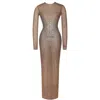 Miss Circle New York Women's Neutrals Isabel Crystal Embellished Mesh Long Sleeve Maxi Dress