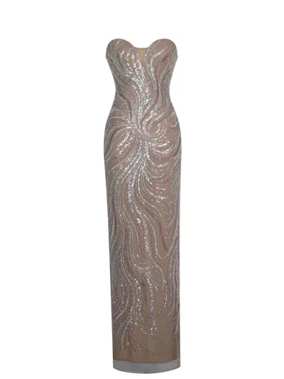 Miss Circle New York Women's Neutrals Quinci Apricot Beaded Sequin Sweetheart Maxi Dress In Orange