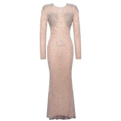 Miss Circle New York Women's Neutrals Rita Embroidered Mesh Silver Beaded Mermaid Gown In Gray