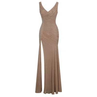 Miss Circle New York Women's Neutrals Viveca Apricot Crystal-embellished Asymmetrical Ruched Maxi Dress In Brown
