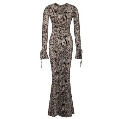Miss Circle New York Women's Neutrals Waylynn Nude Black Animal Print Burnout Velvet Detail Mesh Backless Maxi Dress In Black/brown