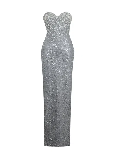 Miss Circle New York Women's Noelle Silver Sequin Pearl-embellished Sweetheart Maxi Dress