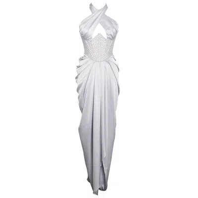 Miss Circle New York Women's Noemie Silver Crystal Corset Satin Gown