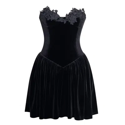 Miss Circle New York Women's Nora Black Velvet Drop Waist Corset Puffy Mini Dress With Lace Trim