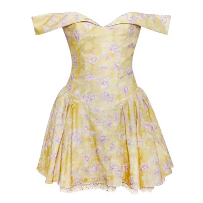 Miss Circle New York Women's Oana Floral Print Linen Collared Off Shoulder Mini Dress