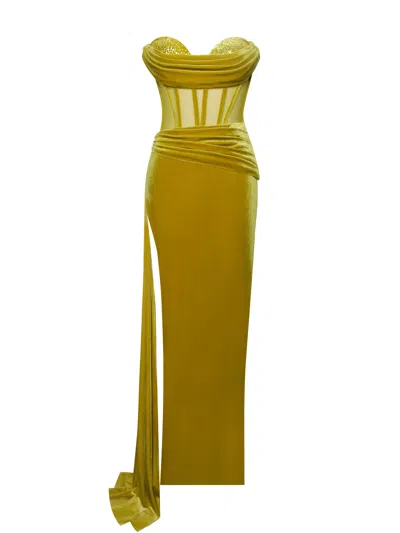 Miss Circle New York Women's Octavia Gold Draping Crystal Corset High Slit Velvet Gown