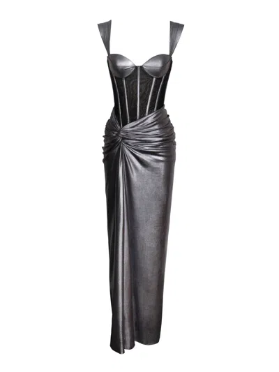 Miss Circle New York Women's Odessa Silver Metallic Corset Maxi Dress