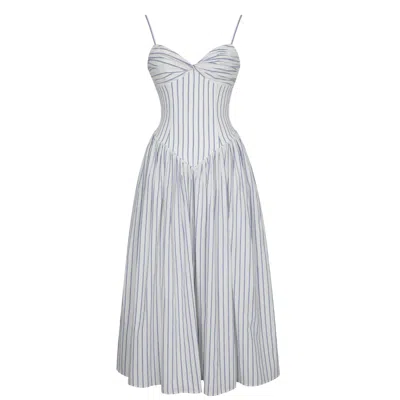 Miss Circle New York Women's Olea Sky Blue Striped Cotton Poplin Ruched Midi Dress In Multi