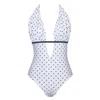 Miss Circle New York Women's Olive White Base Polka Dot Ruched Breast Halter Backless Swimsuit In White