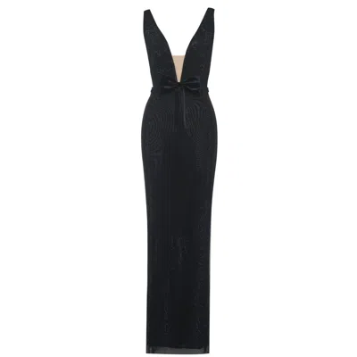 Miss Circle New York Women's Olympia Black Belted Bow Plunging Rhinestone Maxi Dress