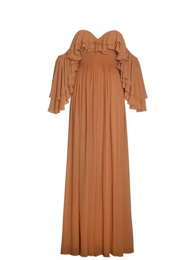 Miss Circle New York Women's Orange Kaela Brickwork Off Shoulder Chiffon Maxi Dress