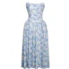 Miss Circle New York Women's Paloma Blue Print Linen Corset Draping Top Midi Dress In Blue