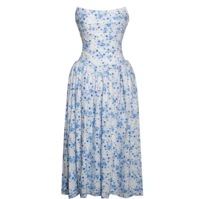 Miss Circle New York Women's Paloma Blue Print Linen Corset Draping Top Midi Dress