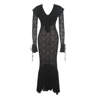 Miss Circle New York Women's Parisa Black Lace Ruffled Mermaid Maxi Dress