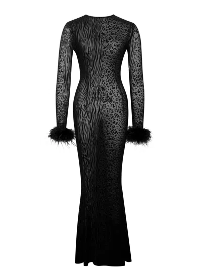 Miss Circle New York Women's Patricia Black Leopard Burnout Velvet Mesh Backless Maxi Dress