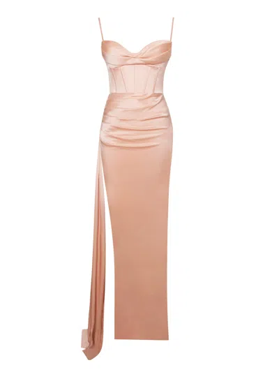 Miss Circle New York Women's Pink / Purple Elayna Blush Strappy Satin Corset High Slit Gown