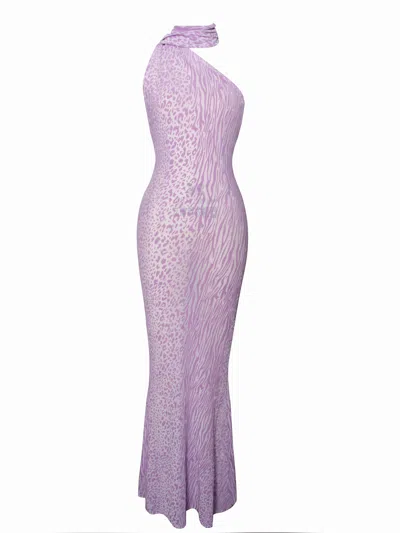 Miss Circle New York Women's Pink / Purple Olena Purple Burnout Velvet Animal Print Mesh Halter Neck Maxi Dress In Pink/purple