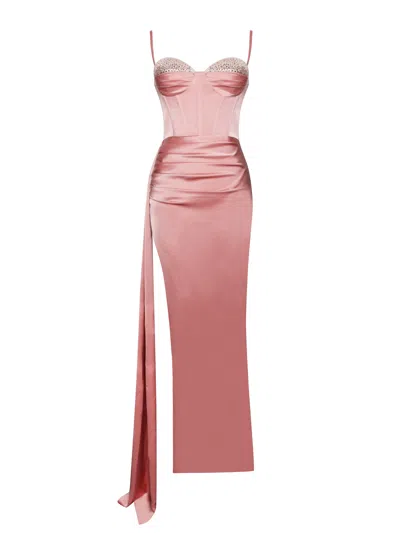 Miss Circle New York Women's Pink / Purple Vanity Blush Pink Satin High Slit Draping Corset Gown With Crystals