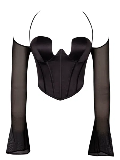 Miss Circle New York Women's Pixie Black Mesh Sleeve Halter Corset Satin Top