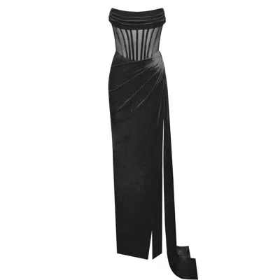Miss Circle New York Women's Priya Black Draping Corset High Slit Velvet Gown