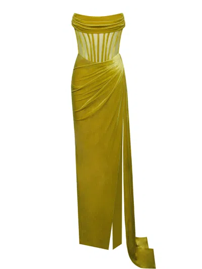 Miss Circle New York Women's Priya Gold Draping Corset High Slit Velvet Gown