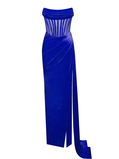 Miss Circle New York Women's Priya Royal Blue Draping Corset High Slit Velvet Gown