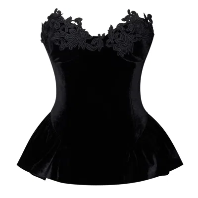 Miss Circle New York Women's Qiara Black Velvet Peplum Top With Lace Trim