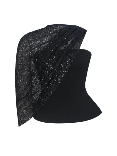 Miss Circle New York Women's Quinette Black Peplum Top With Beaded Asymmetrical Cape