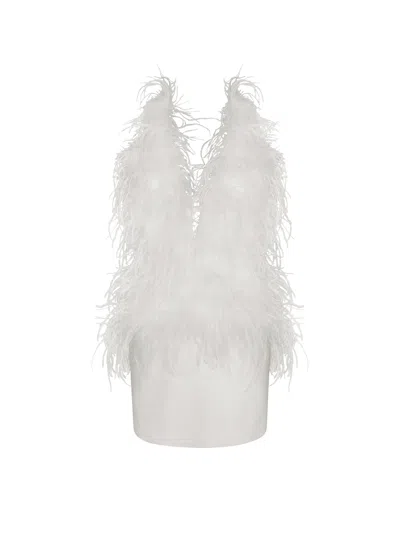 Miss Circle New York Women's Quisten White Feathered Plunging Halter Mini Dress