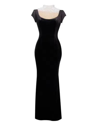 Miss Circle New York Women's Rachael Black Velvet Pearl Embellished Gown