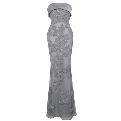 Miss Circle New York Women's Raphaela Silver Beaded Floral Strapless Mermaid Maxi Dress In Gray