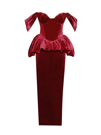 Miss Circle New York Women's Red Abigail Velvet Off Shoulder Bubble Hem Peplum Maxi Dress