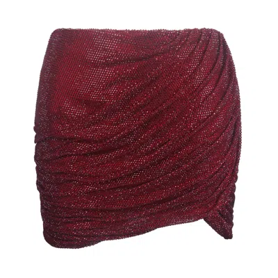 Miss Circle New York Women's Red Darleen Crimson Rhinestone Mesh Low Waist Ruched Skirt