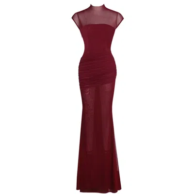 Miss Circle New York Women's Red Fabienne Burgundy Mesh Cap Sleeve Mermaid Gown