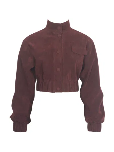 Miss Circle New York Women's Red Farryn Mahogany Vegan Suede Cropped Bomber Jacket