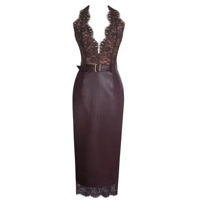 Miss Circle New York Women's Red Fiera Mahogany Plunging Halter Belted Midi Dress
