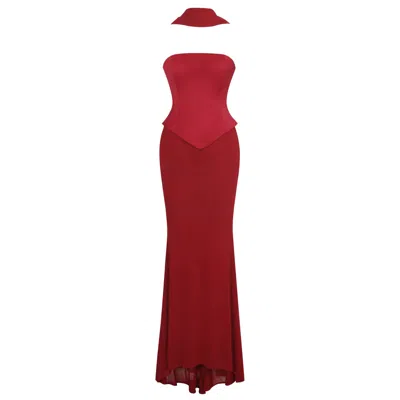 Miss Circle New York Women's Red Giselle Crimson Peplum Mermaid Gown With Chiffon Scarf