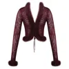 Miss Circle New York Women's Red Hali Burgundy Animal Print Burnout Velvet Fur Trim Top