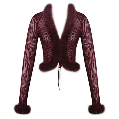 Miss Circle New York Women's Red Hali Burgundy Animal Print Burnout Velvet Fur Trim Top