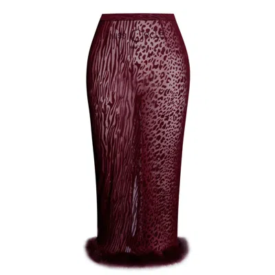 Miss Circle New York Women's Red Halia Burgundy Animal Print Burnout Velvet Fur Trim Skirt