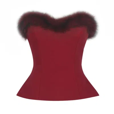 Miss Circle New York Women's Red Ivette Crimson Fur-trimmed Peplum Top