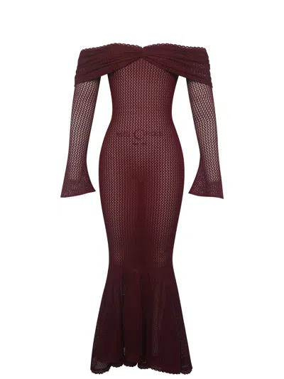 Miss Circle New York Women's Red Kaedyn Burgundy Off Shoulder Long Sleeve Crochet Mermaid Maxi Dress