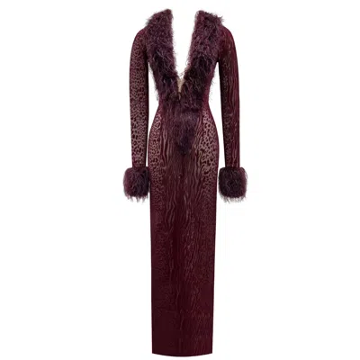 Miss Circle New York Women's Red Luana Burgundy Plunging Fur Trimmed Crochet Maxi Dress