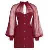 Miss Circle New York Women's Red Tabitha Burgundy Mesh Lantern Sleeve Mini Dress