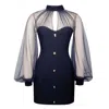 Miss Circle New York Women's Tabitha Navy Blue Mesh Lantern Sleeve Mini Dress