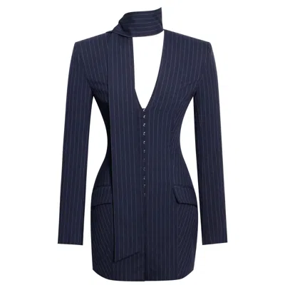 Miss Circle New York Women's Tahlia Deep V Pinstripes Navy Blue Blazer Dress With Scarf Collar