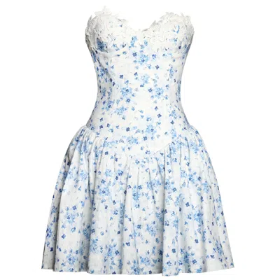Miss Circle New York Women's Taleah Blue Floral Print Linen Mini Dress With Lace Trim