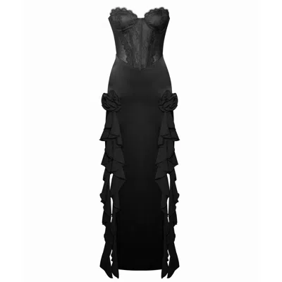 Miss Circle New York Women's Talia Black Satin Lace Corset Maxi Dress