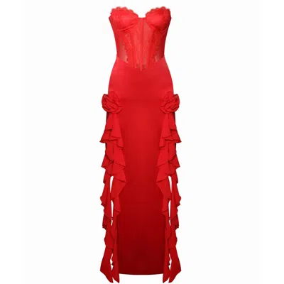 Miss Circle New York Women's Talia Red Satin Lace Corset Maxi Dress